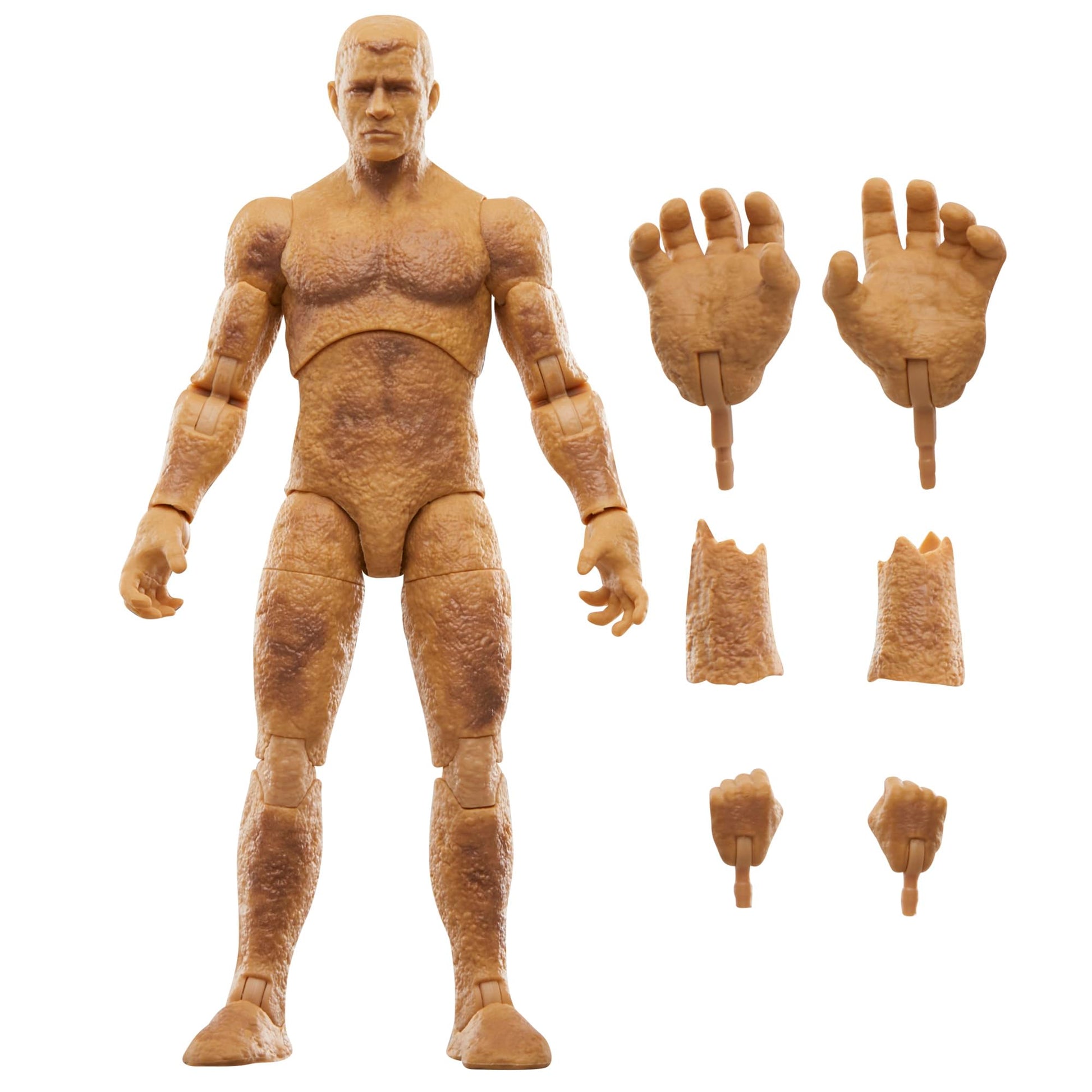 Craggy, tan Sandman action figure with articulated joints, includes swappable open hands, fists, and forearms