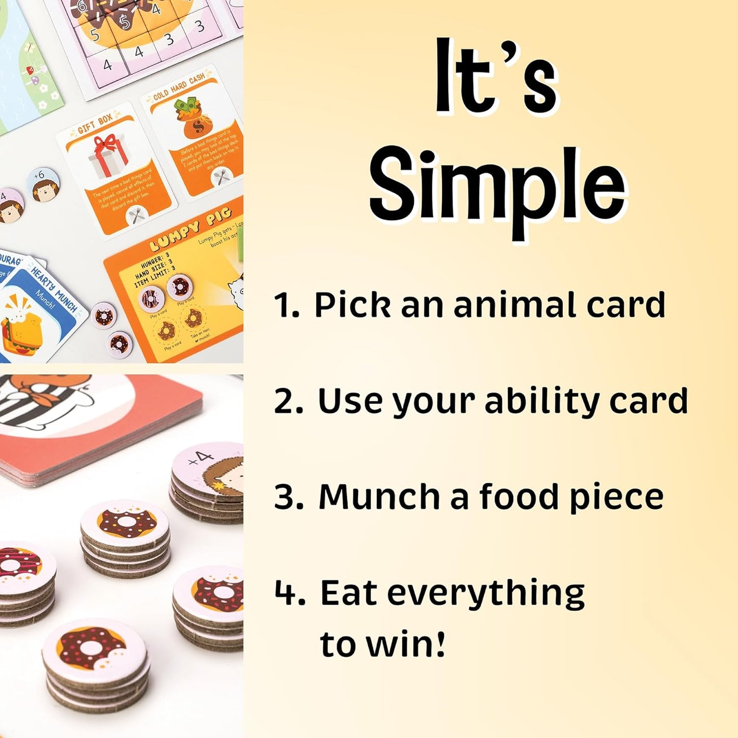 A board game setup featuring cards character tokens donut tokens and "It's Simple" rules for eating to win