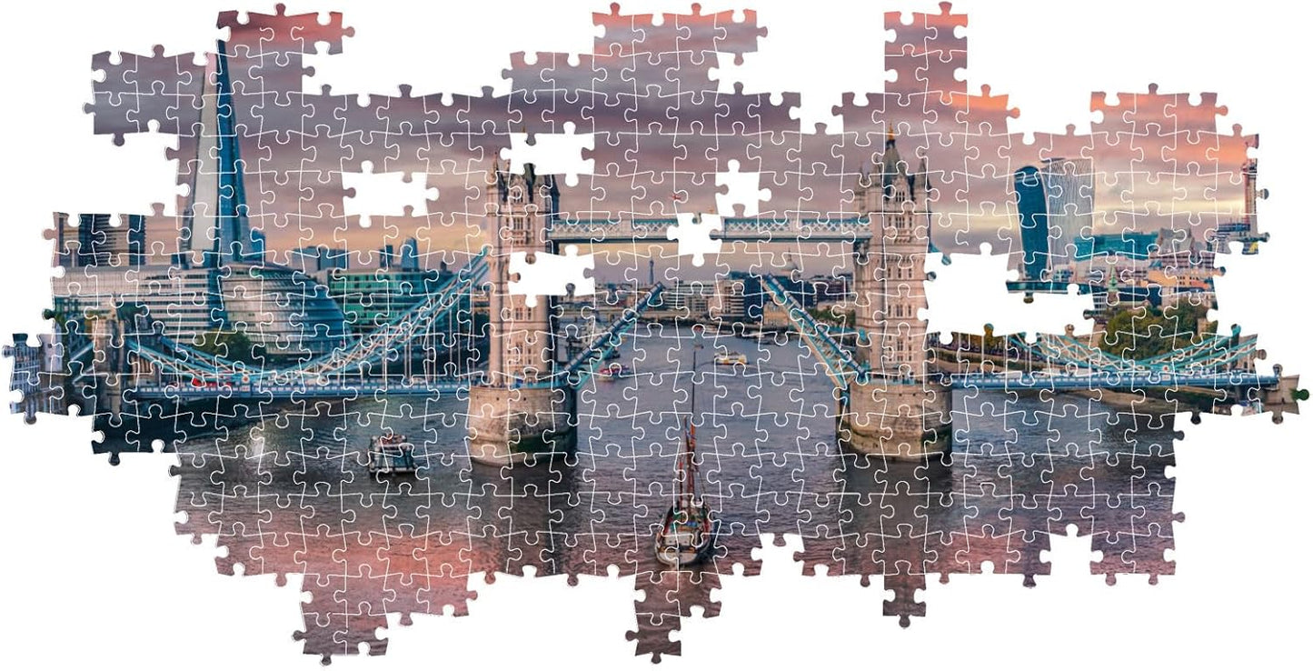 Incomplete jigsaw puzzle featuring London's Tower Bridge, river, and city skyline with The Shard