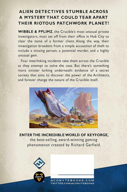 Back cover for an alien detective novel with a large detailed painting of a sci-fi cityscape and spaceship