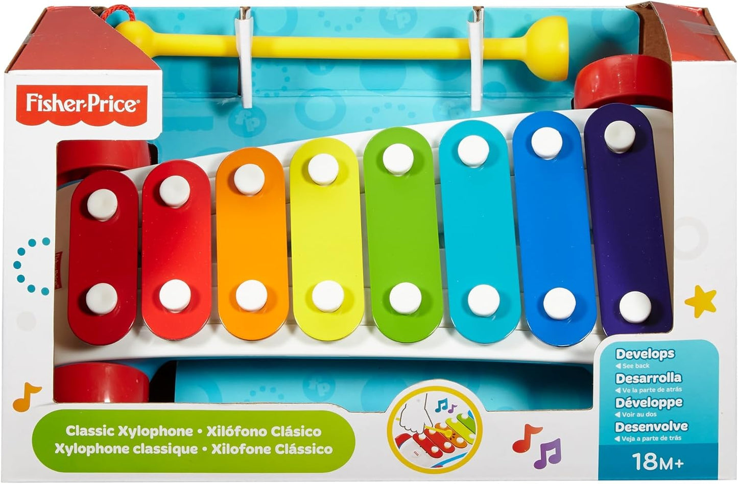 Fisher-Price Classic Xylophone in packaging -  featuring rainbow-colored keys and a yellow mallet