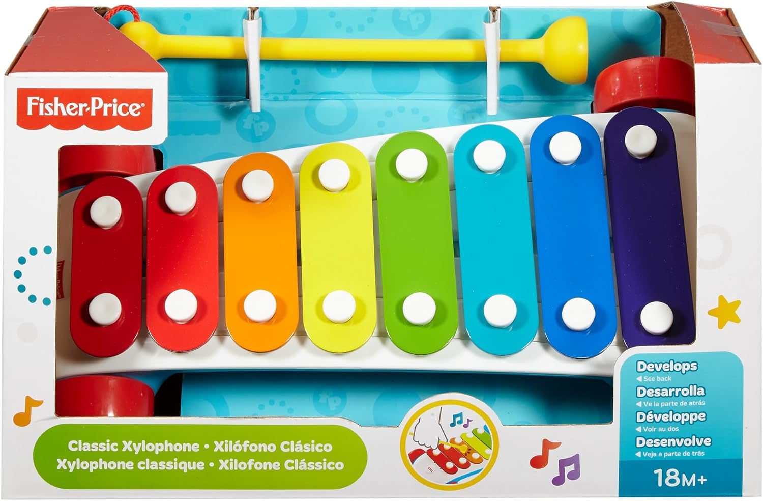 Fisher-Price Classic Xylophone in packaging -  featuring rainbow-colored keys and a yellow mallet