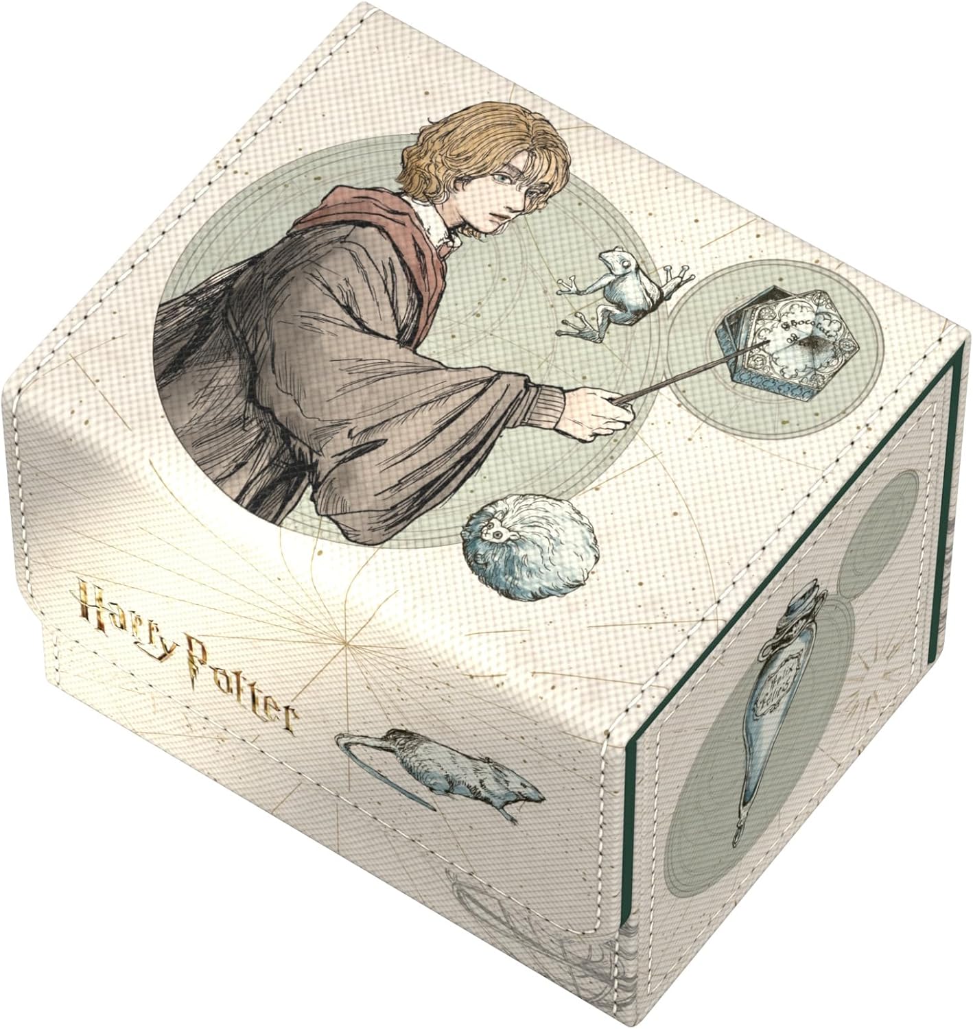 Harry Potter storage box featuring a sketch of a wizard casting a spell, frog, and magical items