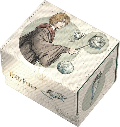 Harry Potter storage box featuring a sketch of a wizard casting a spell, frog, and magical items