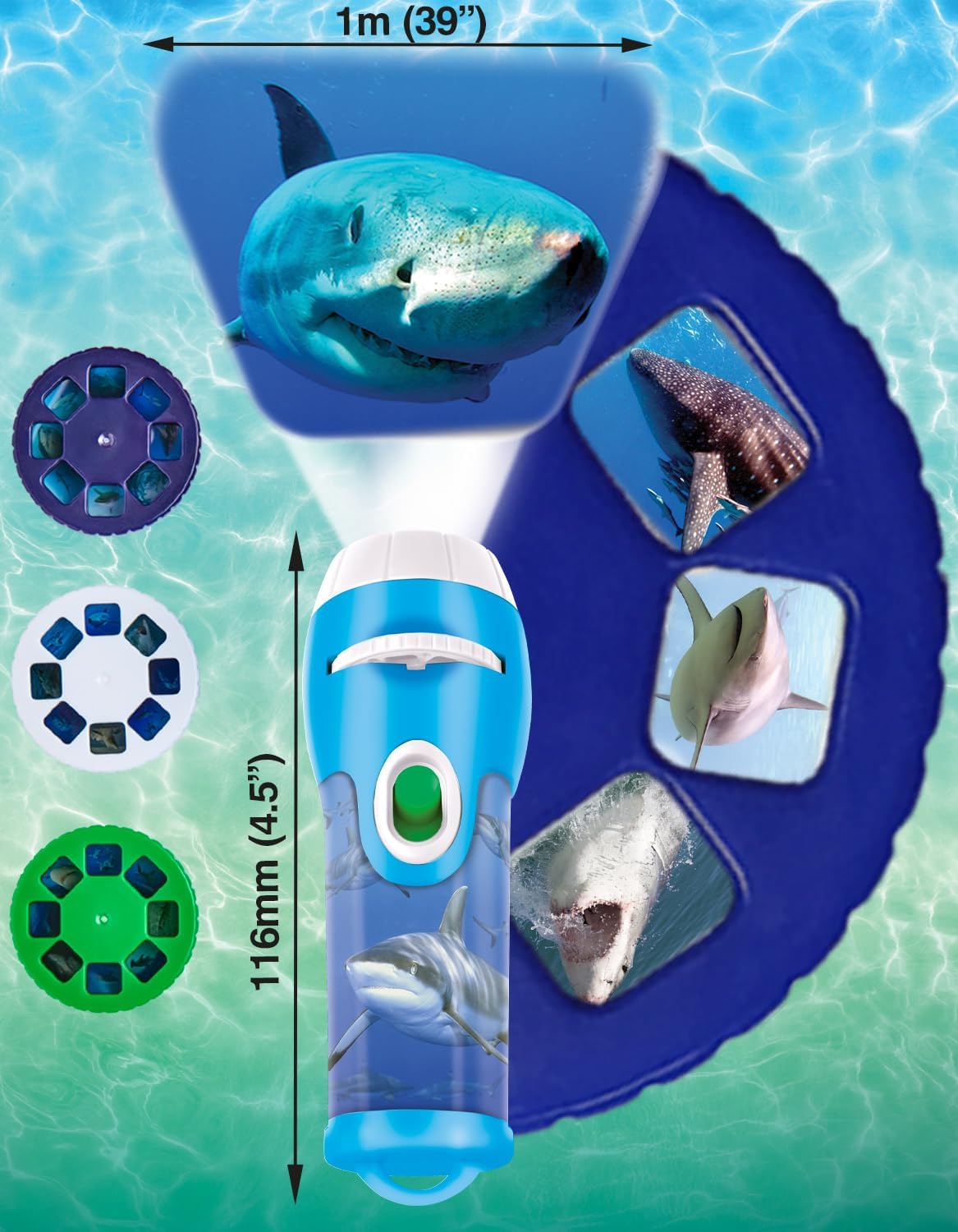 Shark-themed toy projector displaying a large blue shark image, with image discs and product dimensions