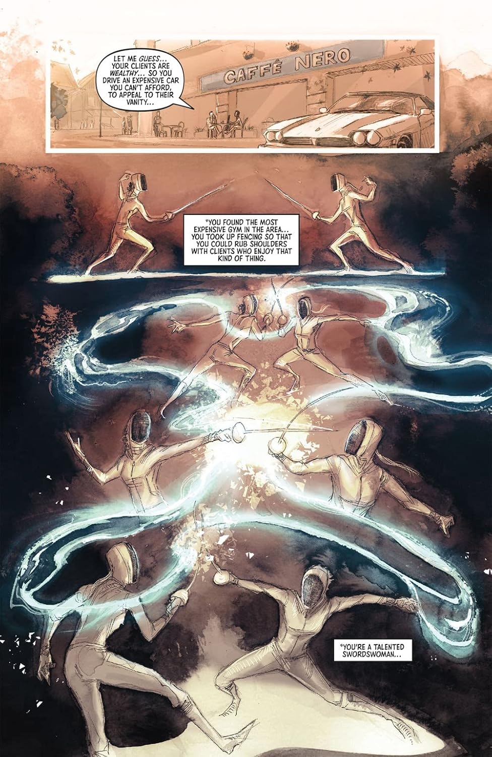 Comic page: Multiple fencers in white gear duel with glowing swords and blue energy -  above a cafe and luxury car