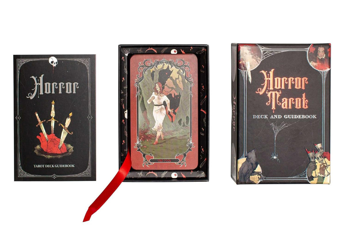 A black "Horror Tarot" deck set, with guidebook and open box showing a card of a woman fleeing monsters