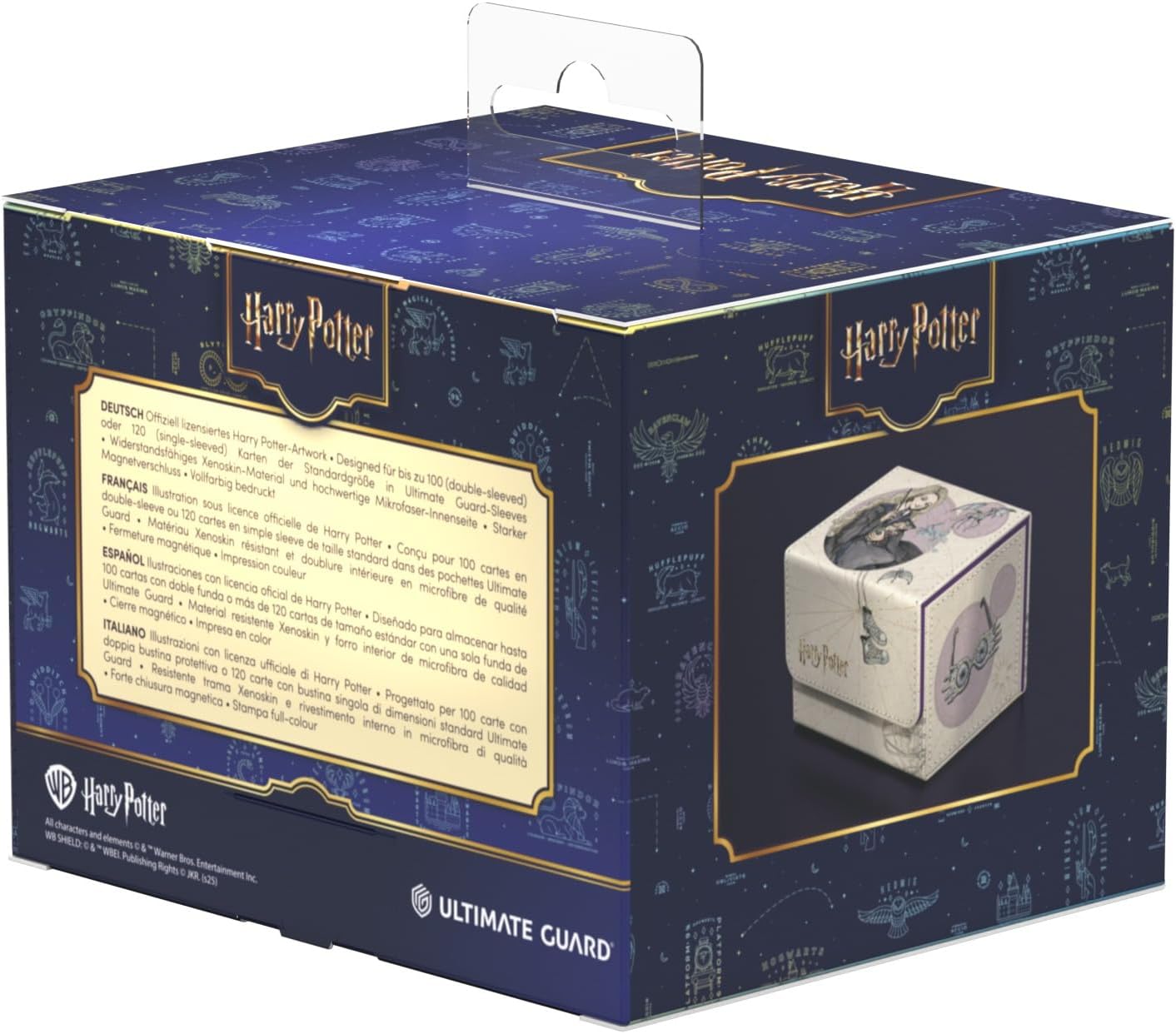 Harry Potter Ultimate Guard deck box packaging. Dark blue box with celestial design showcases the light-colored card holder