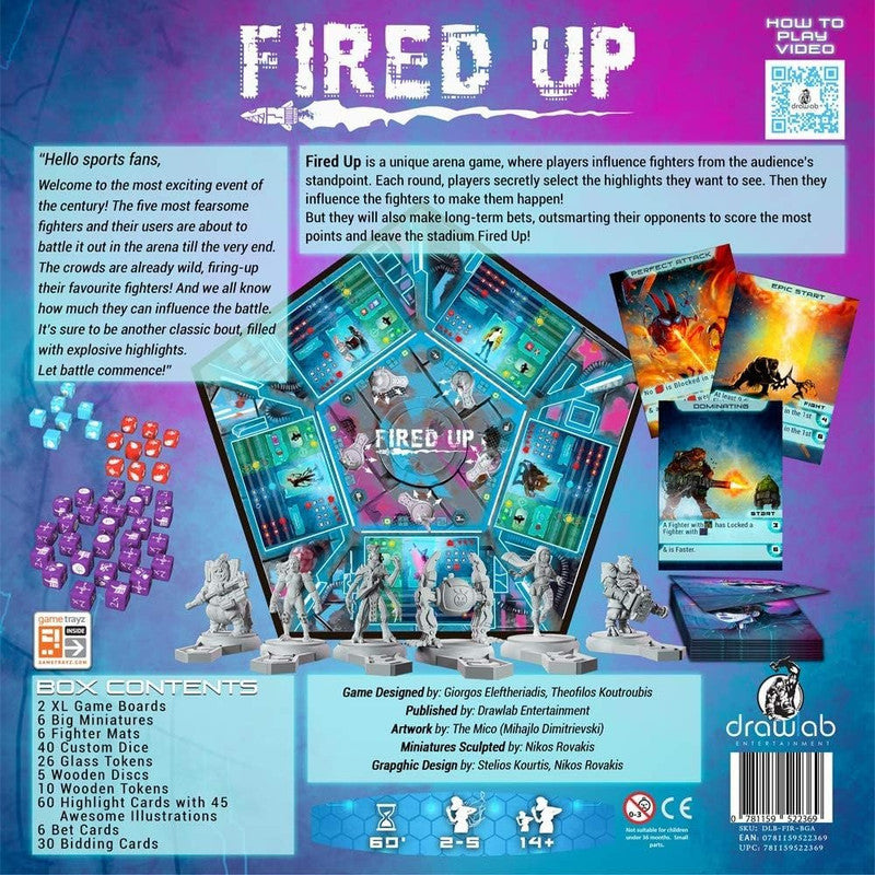 Back of the "Fired Up" board game box displays a hexagonal arena board, sci-fi/fantasy miniatures, game cards, and colourful dice