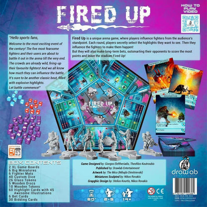 Back of the "Fired Up" board game box displays a hexagonal arena board, sci-fi/fantasy miniatures, game cards, and colourful dice