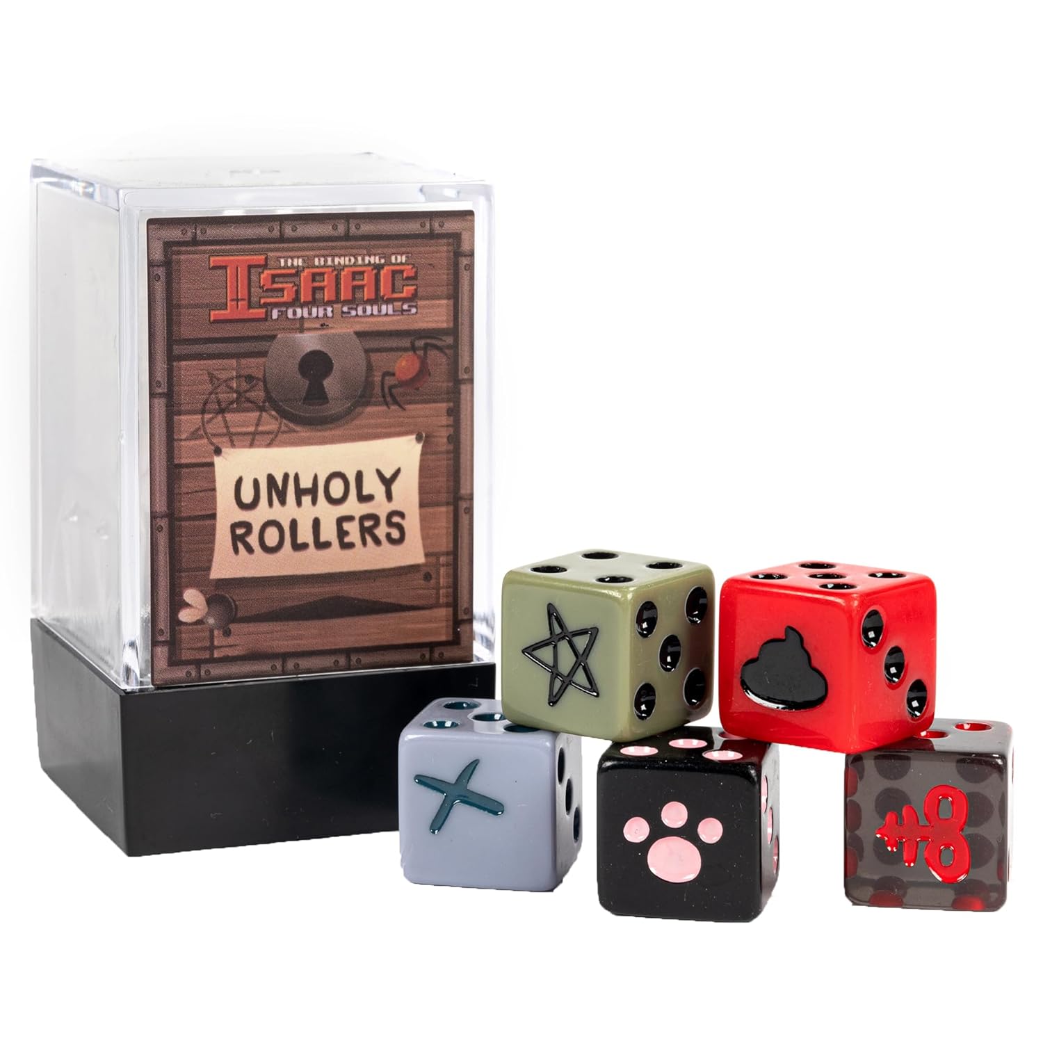 Five colourful, custom dice with symbols like a pentagram and poop, for 'The Binding of Isaac: Unholy Rollers,' next to their clear box.
