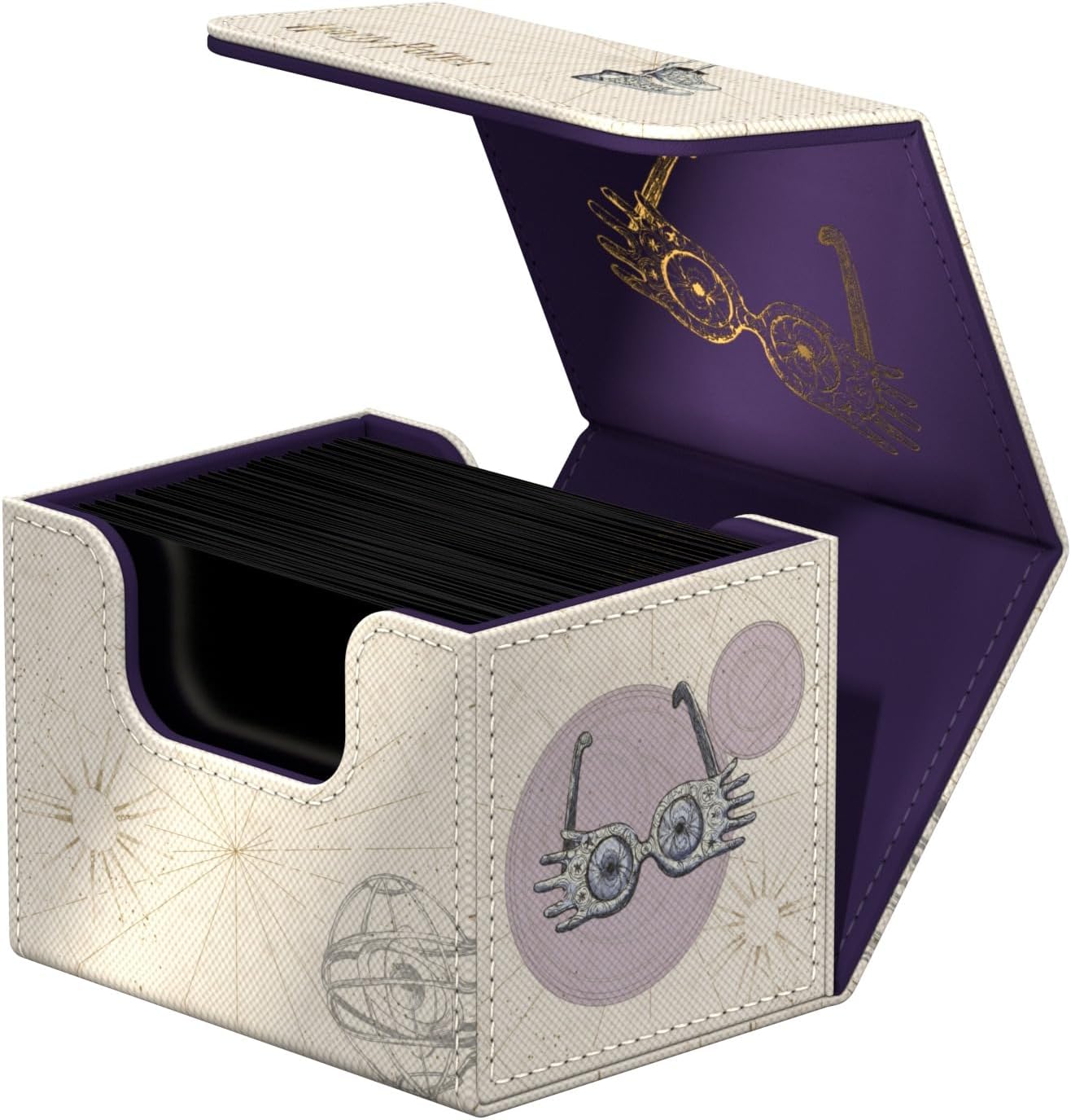Open trading card deck box, beige with purple interior, showing Luna Lovegood's Spectrespecs design, filled with black cards