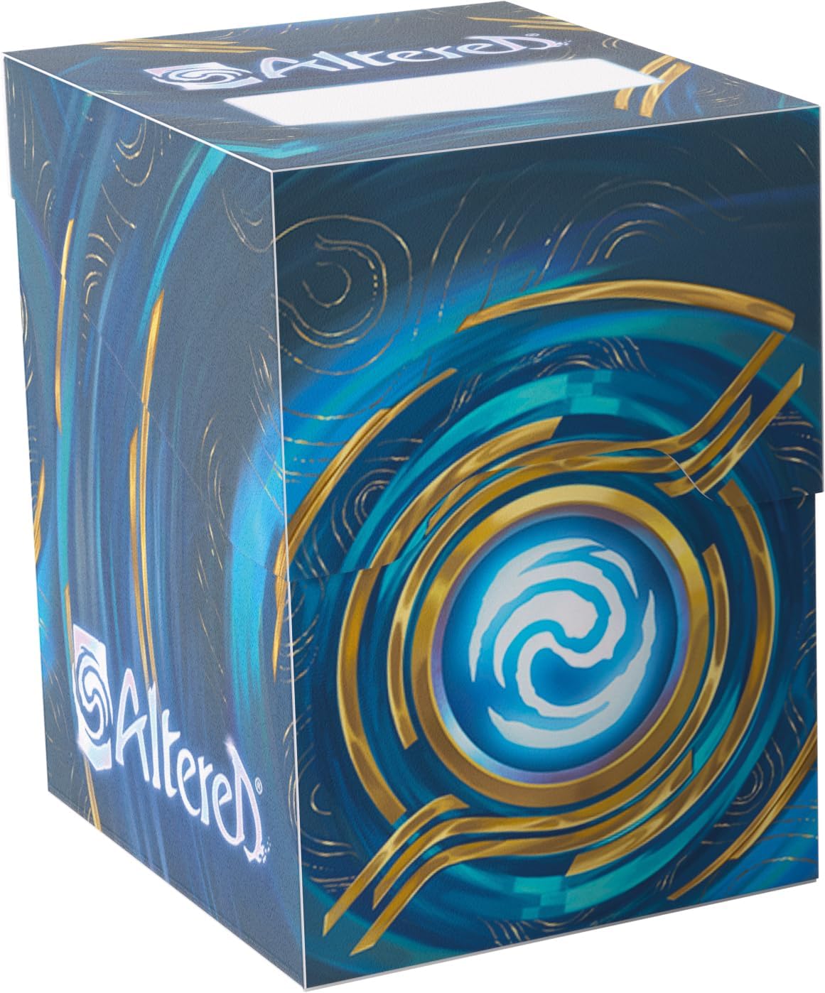 Blue and gold Altered TCG deck box with a swirling vortex pattern