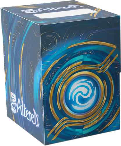 Blue and gold Altered TCG deck box with a swirling vortex pattern