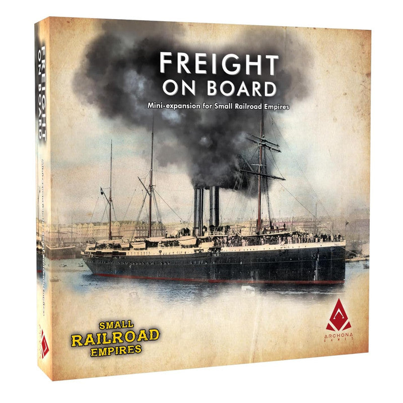 Small Railroad Empires: Freight on Board game box: A vintage, three-stack steamship emits heavy smoke in a busy harbor