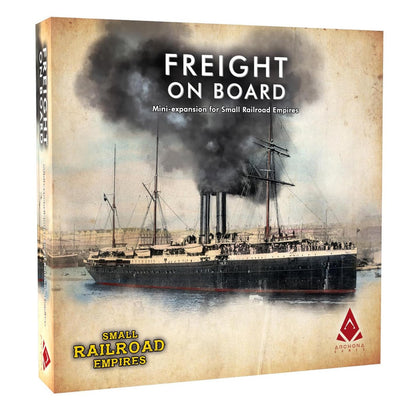 Small Railroad Empires: Freight on Board game box: A vintage, three-stack steamship emits heavy smoke in a busy harbor