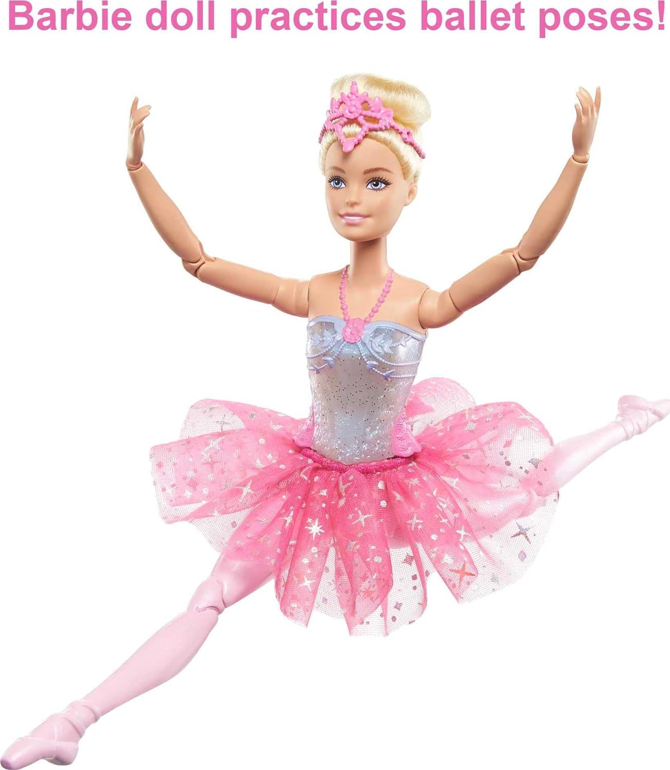 Blonde Barbie doll in pink tutu and silver leotard performing a mid-air ballet split