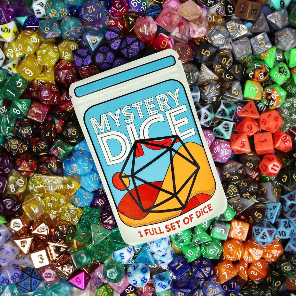 A "MYSTERY DICE" package with a die illustration sits on a vibrant -  colorful pile of assorted RPG dice