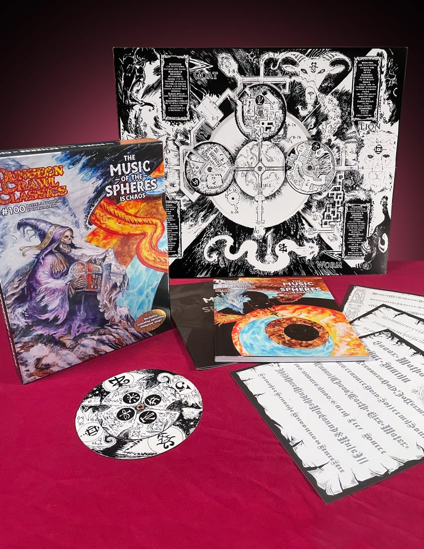 DCC #100 RPG set: wizard book, large black/white map, eye-design book and symbolic spinner.