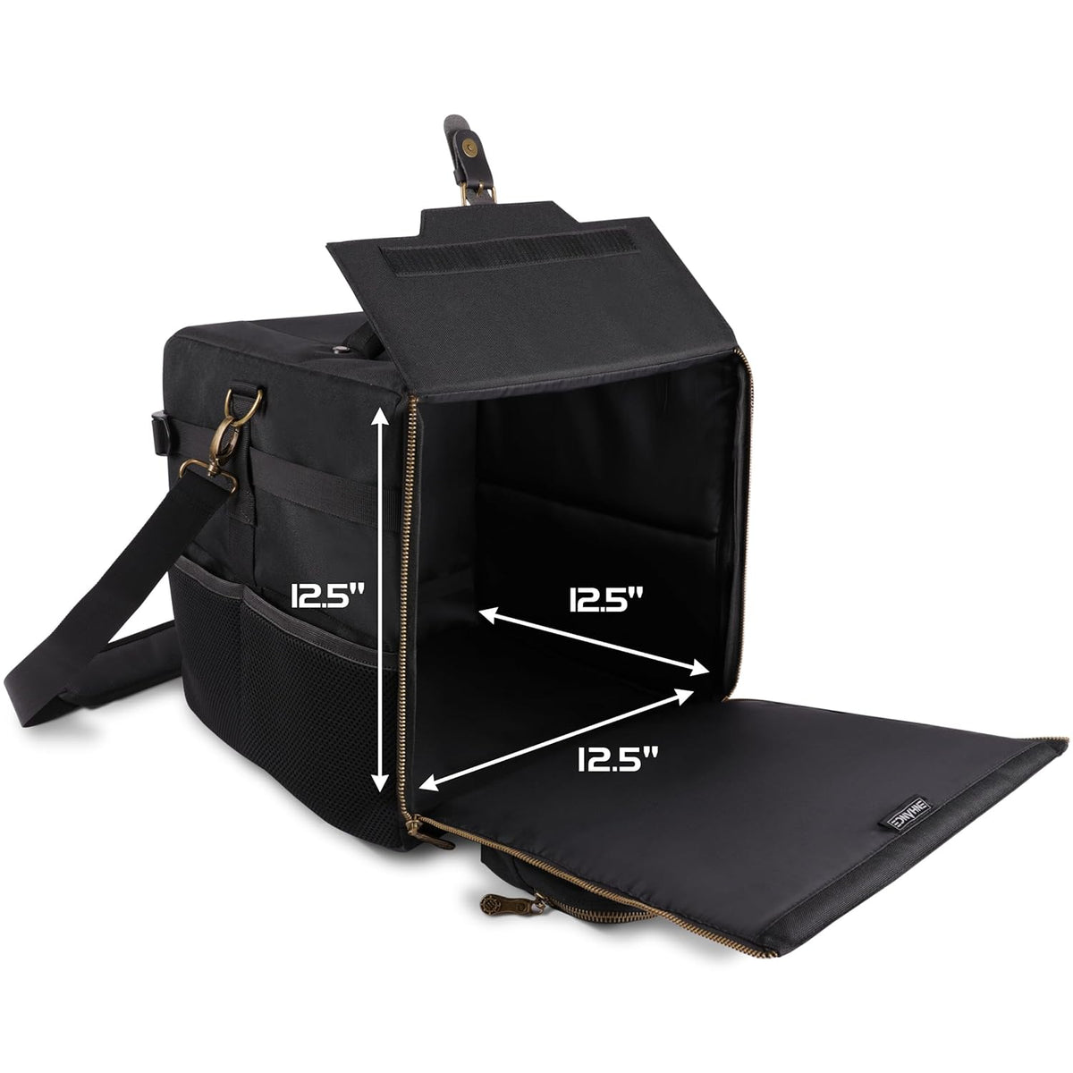 Black cuboid bag open, displaying its 12.5&quot; internal height, width, and depth with measurement arrows.