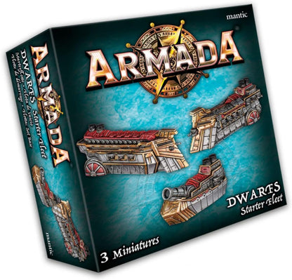 Box art of Armada Dwarf Starter Fleet featuring steampunk dwarf ships