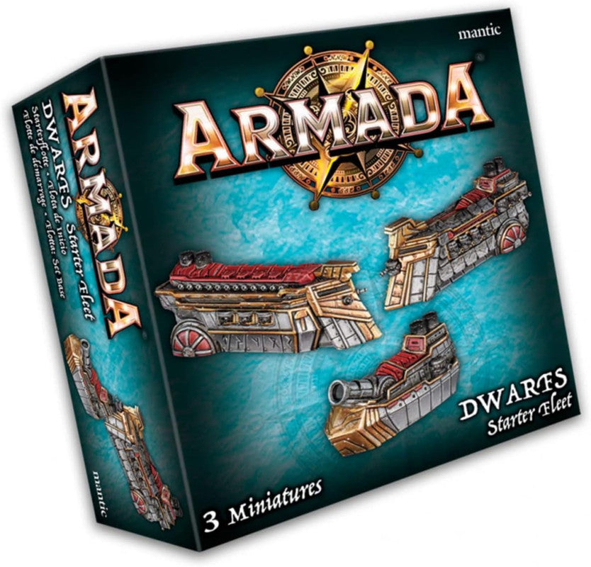 Box art of Armada Dwarf Starter Fleet featuring steampunk dwarf ships