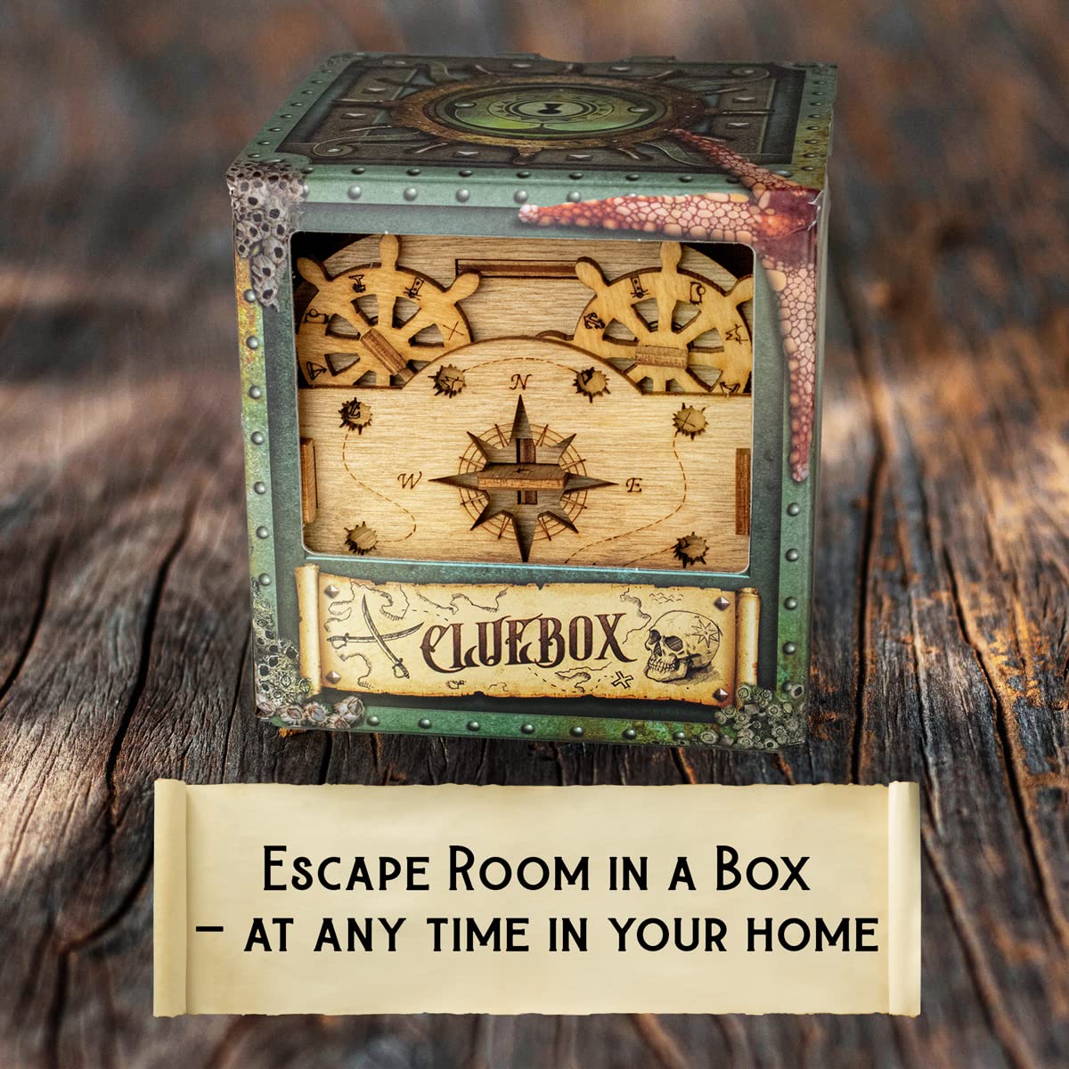 CLUEBOX escape room puzzle box featuring nautical-themed wooden mechanisms, including ship wheels and a compass rose