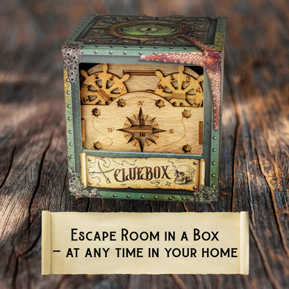 CLUEBOX escape room puzzle box featuring nautical-themed wooden mechanisms, including ship wheels and a compass rose