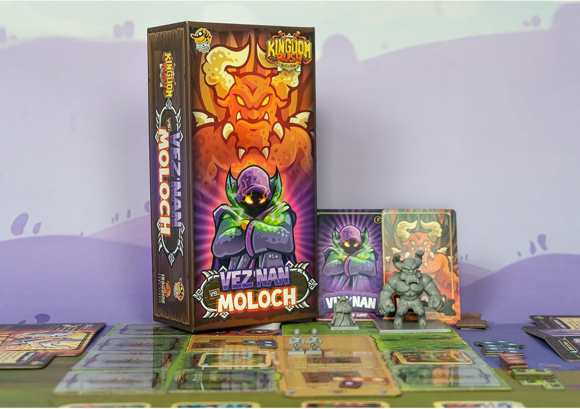 Kingdom Rush Vez'nan vs Moloch board game with figures and cards displayed on table