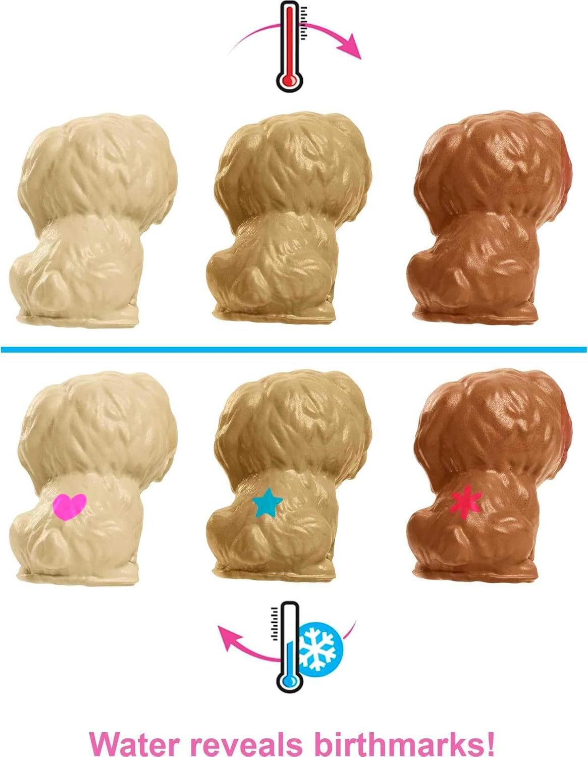 Toy puppies reveal hidden birthmarks (heart, star, asterisk) when exposed to cold water