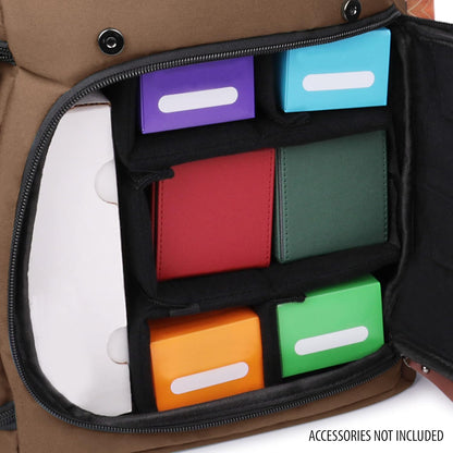 An open brown bag's interior shows padded dividers filled with colorful card or game cases.
