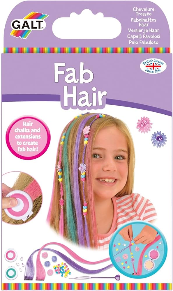 Galt Fab Hair kit: Girl modeling long hair with colourful pink, purple and teal extensions, adorned with beads and flowers