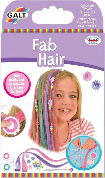 Galt Fab Hair kit: Girl modeling long hair with colourful pink, purple and teal extensions, adorned with beads and flowers