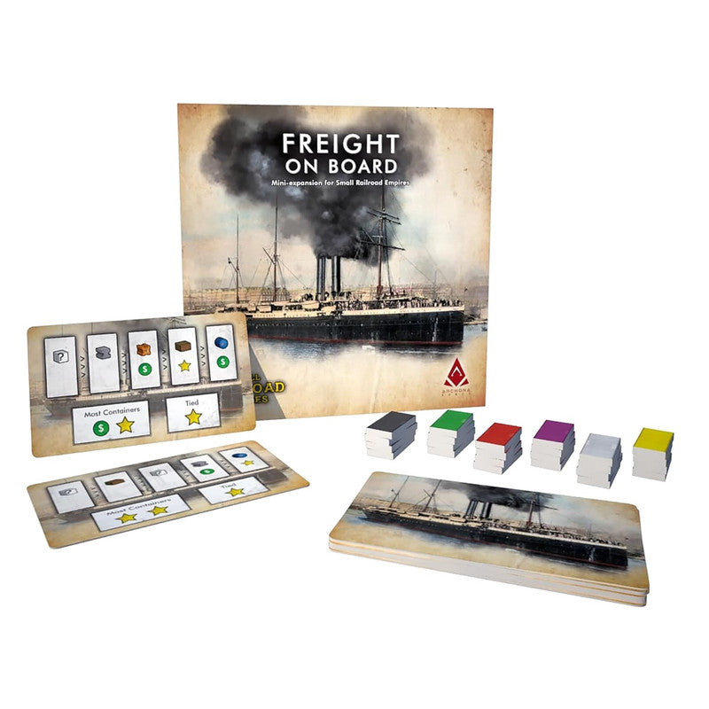 Small Railroad Empires: Freight on Board game expansion box featuring a steamship, game cards depicting containers, and stacks of colorful tokens