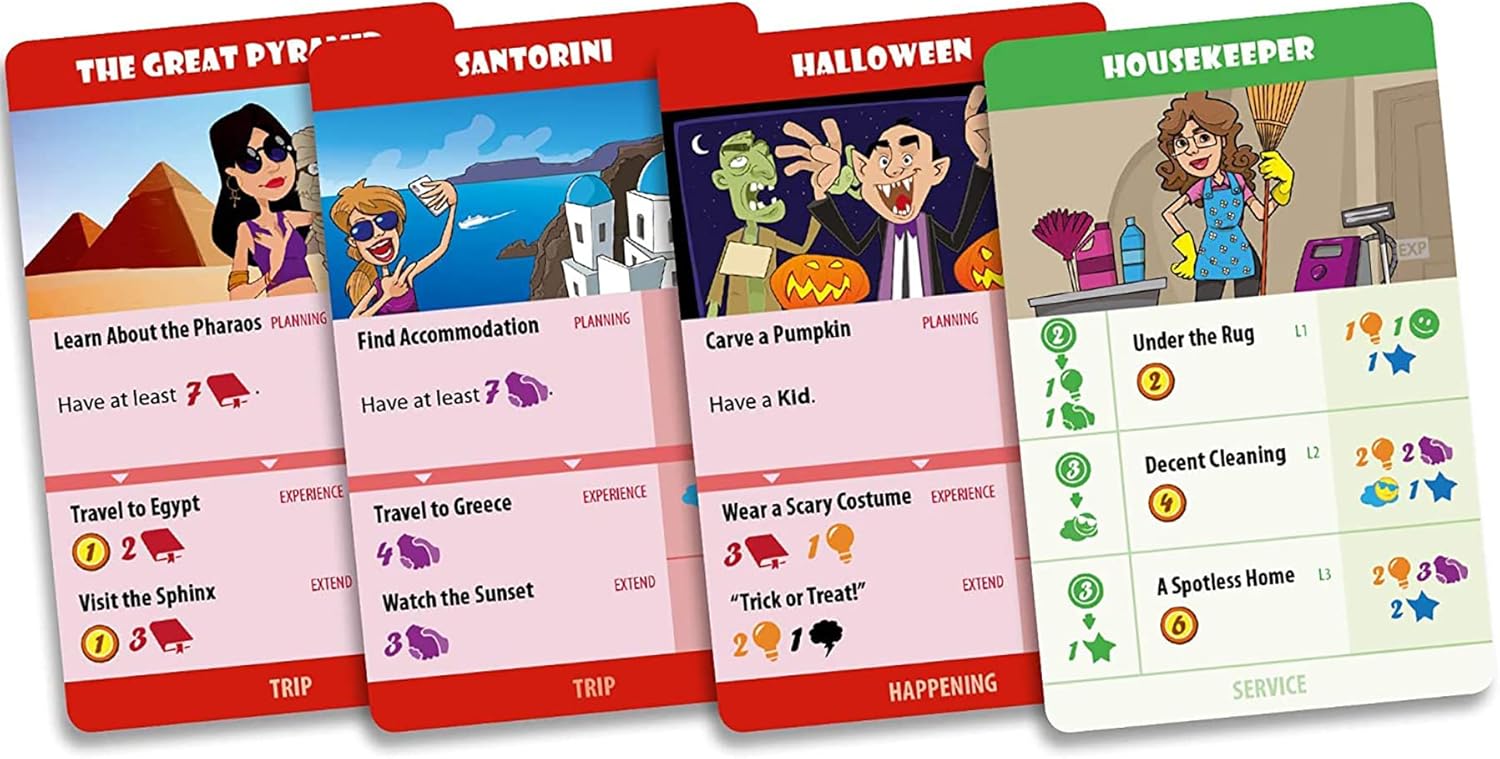 Four colorful game cards: a woman by pyramids, a woman taking a selfie in Santorini, monsters for Halloween, and a housekeeper