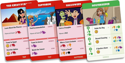 Four colorful game cards: a woman by pyramids, a woman taking a selfie in Santorini, monsters for Halloween, and a housekeeper