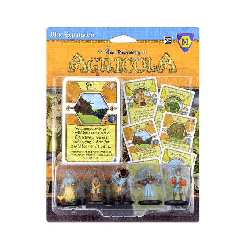 Agricola Blue Expansion pack with game cards and five painted miniature figures in clear plastic packaging
