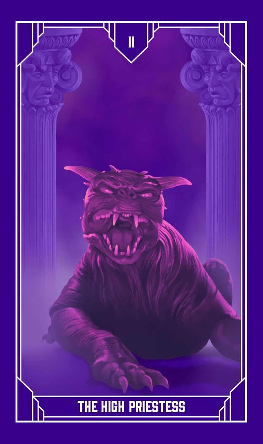Tarot card: The High Priestess. A purple, snarling dog-like monster with glowing red eyes and bared fangs, framed by pillars