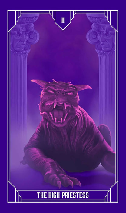 Tarot card: The High Priestess. A purple, snarling dog-like monster with glowing red eyes and bared fangs, framed by pillars