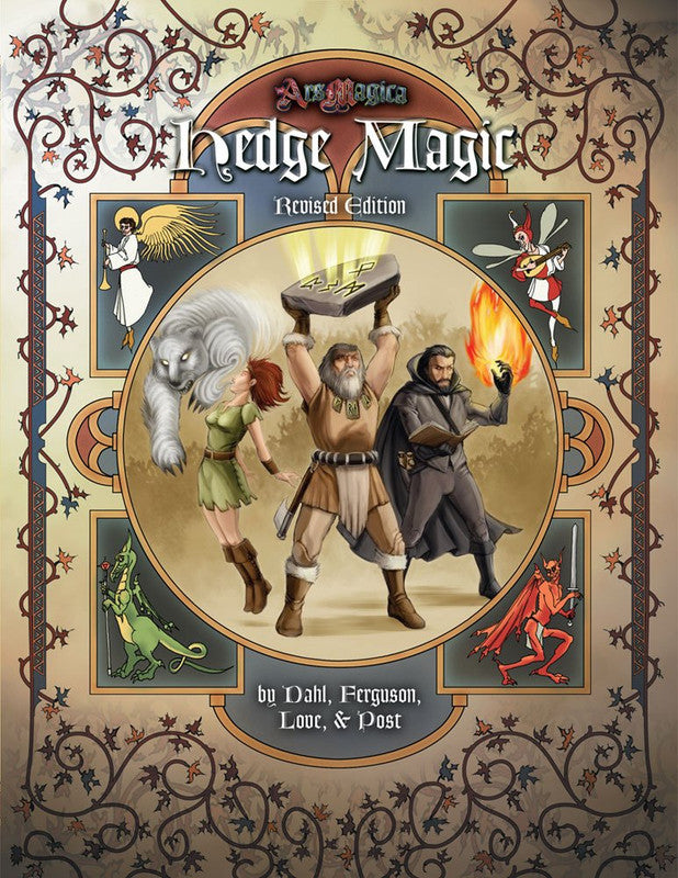 Ars Magica Fifth Edition - Hedge Magic Revised Edition sourcebook cover. Three mages, one with a glowing rune, another with fire, and a woman with a white bear. Framed by creatures