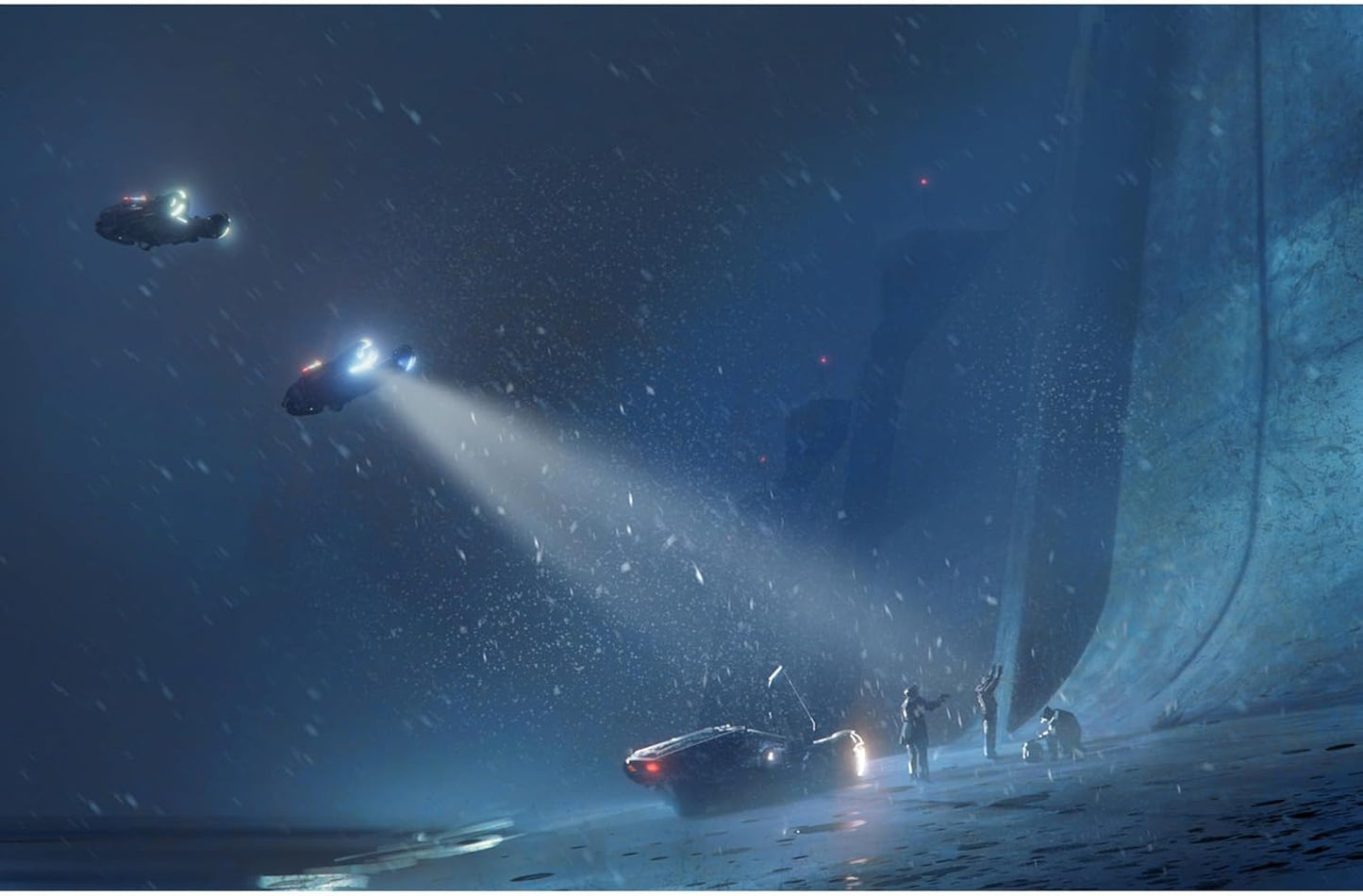 Two flying vehicles illuminate a futuristic car and people on a snowy ground next to a massive curved wall at night