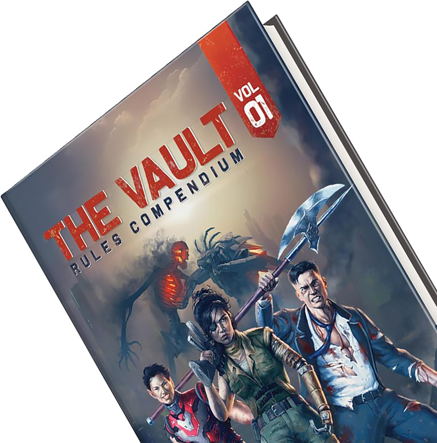 Book cover: 'The Vault Rules Compendium Vol 01'. Three armed characters fight grotesque monsters, including a glowing skeleton.