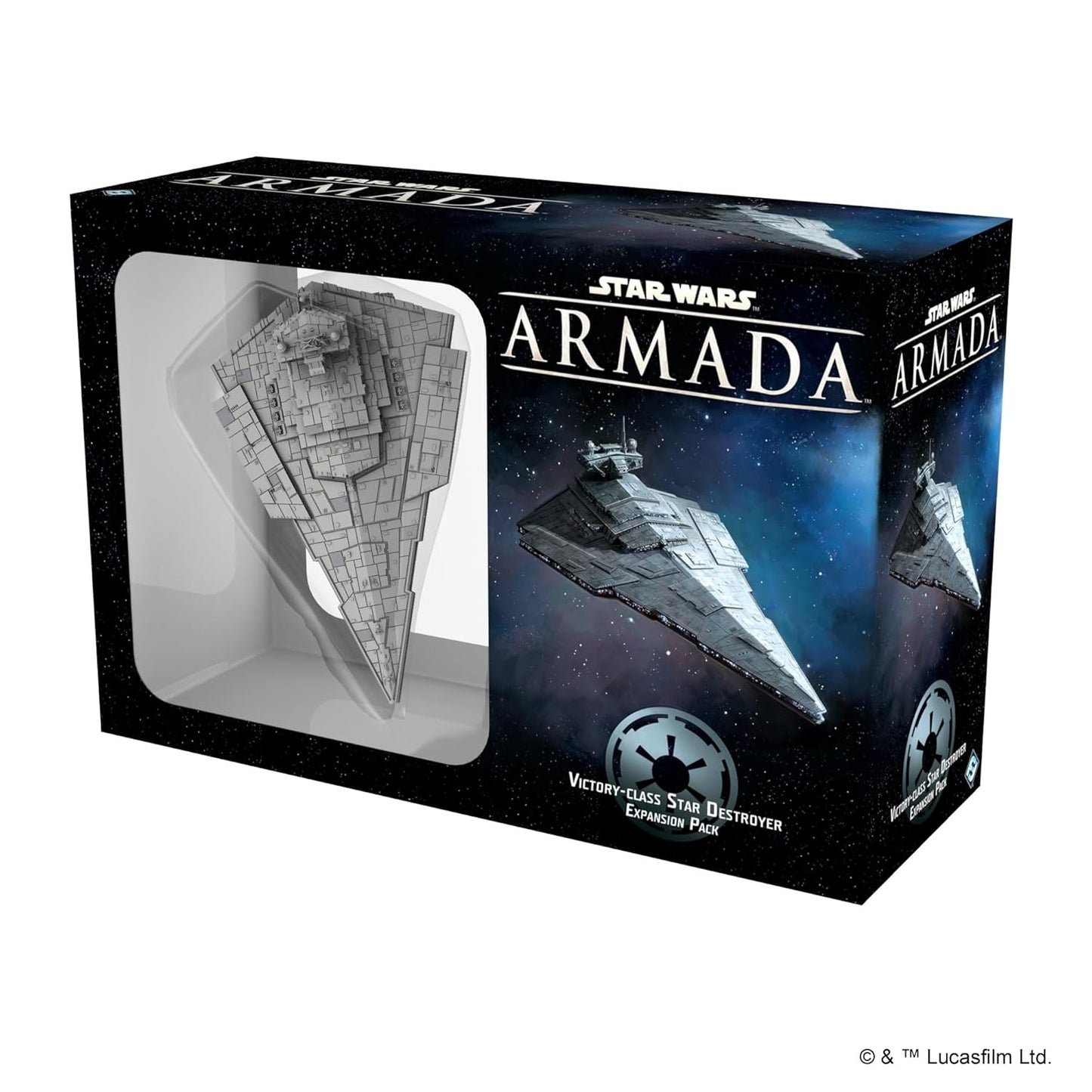 Star Wars Armada Victory-Class Star Destroyer expansion box with a grey miniature and starship art