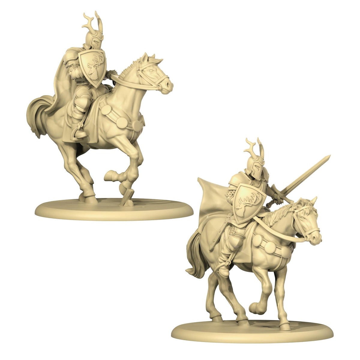 Two tan armored knight miniatures on horses, they wear antlered helmets, carry shields with a stag emblem, and one wields a sword