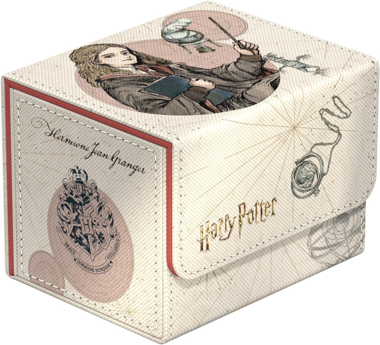 Hermione Granger Harry Potter deck box with sketch art, Time-Turner, and Hogwarts crest