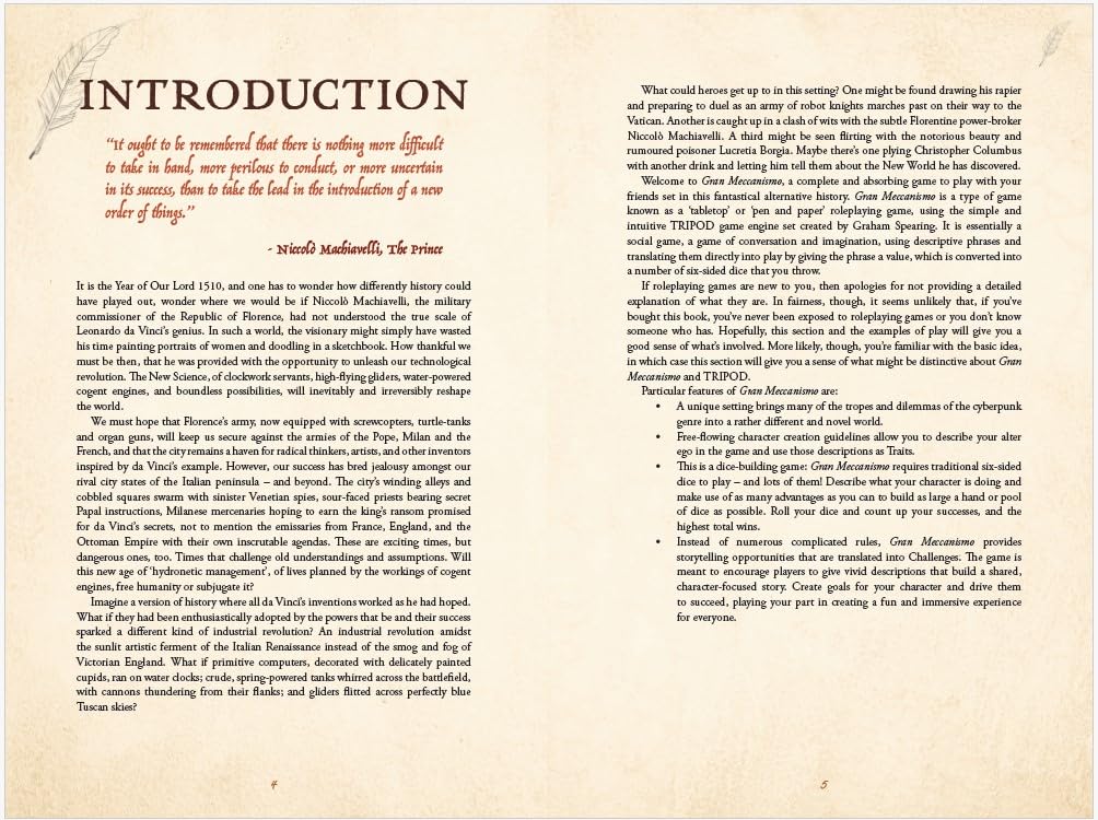A book page titled "INTRODUCTION" features a Machiavelli quote and two columns of text describing a tabletop game