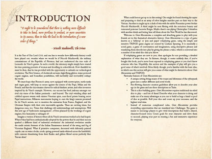 A book page titled "INTRODUCTION" features a Machiavelli quote and two columns of text describing a tabletop game