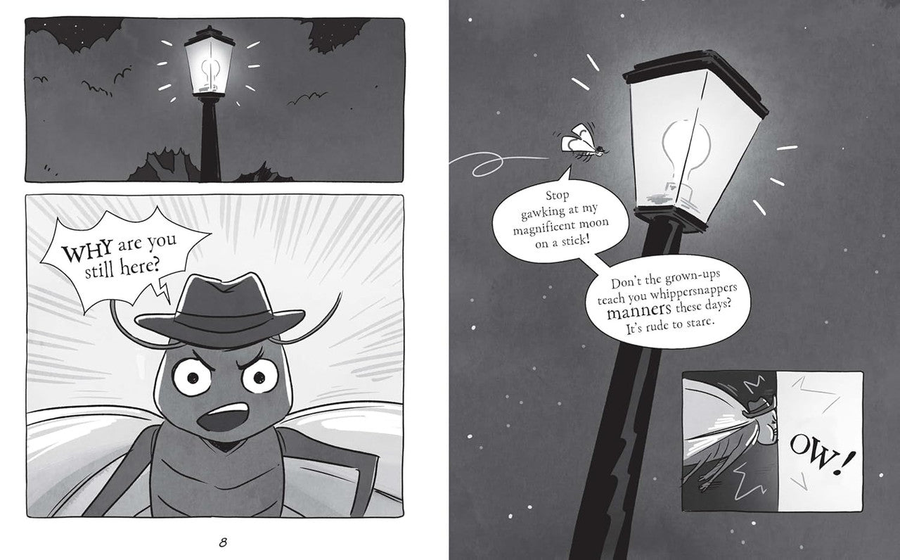 Grayscale comic: A moth near a bright street lamp, an angry ant in a fedora yells, then reacts "OW!"