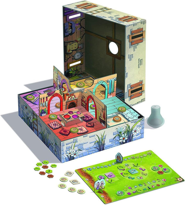 Peek-a-Mouse game components displayed, including a 3D house, mouse tokens, and various small game pieces