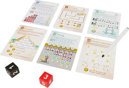 A set of educational game cards with a dry-erase marker and two dice, featuring diverse visual puzzles